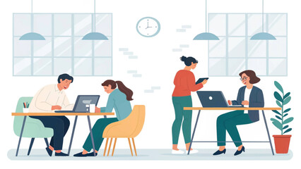 Diverse business team collaborating and working diligently in a bright, modern office environment. Depicts productivity, innovation, and a dynamic corporate setting.