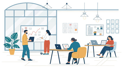 Business professionals collaborating on a whiteboard and working on laptops in a modern, productive office environment. Teamwork and strategy.