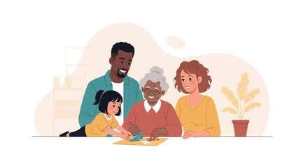 Joyful multi-generational family (grandparent, parents, child) connecting while solving a jigsaw puzzle at home. Represents family bonding, shared activities, and intergenerational support.
