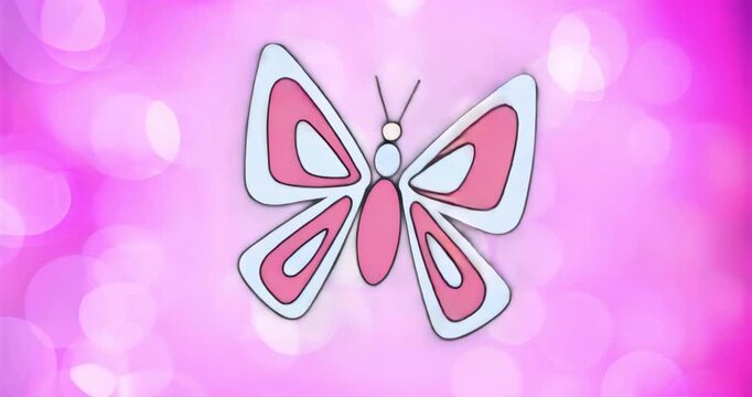 On start, stylized butterfly remaining centered against pink bokeh backdrop showing branding motif