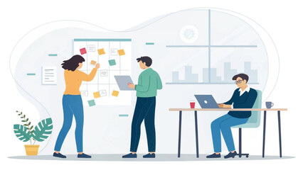 Business professionals collaborating in a modern office. A team brainstorms on a whiteboard, while a colleague works on a laptop, illustrating teamwork, planning, and productivity.