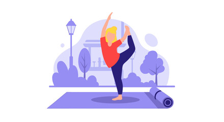 Woman practicing yoga outdoors in a park, performing a balancing pose on a mat. Illustrates wellness, fitness, and a healthy lifestyle.