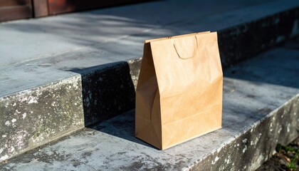 Brown Paper Food Delivery Bag on Concrete Steps