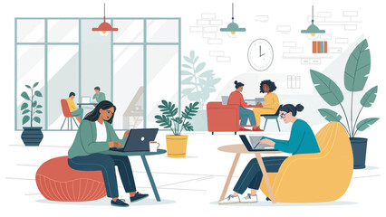 Diverse professionals collaborating and working productively in a modern, flexible office environment. Ideal for showcasing teamwork, innovation, and contemporary business lifestyle.