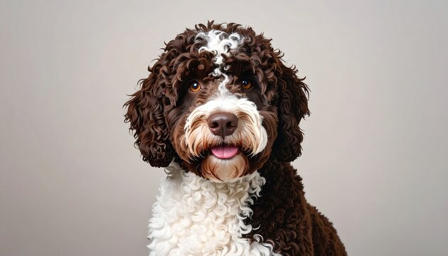A close-up portrait of a fluffy, curly-coated dog with a rich brown and white coat, displaying a friendly expression against a neutral backdrop.