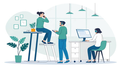 Team members collaborate in a modern office, engaged in communication and digital work. Represents business, customer support, and workplace efficiency.