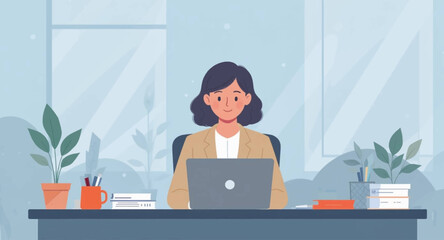 Professional woman smiling while working on a laptop at her desk in a modern office, representing productivity, remote work, and business success.