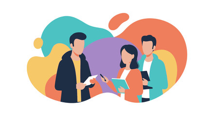 Three diverse individuals engage in a professional discussion, with one presenting documents to an interviewer. Ideal for concepts of communication, business meetings, or information exchange.