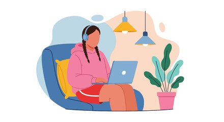 Young person in headphones uses a laptop on a sofa at home, depicting remote work, online learning, or digital leisure and connectivity.
