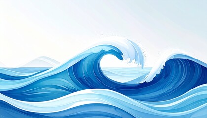 Stylized vector illustration of a powerful curling ocean wave with foam and spray on a white background