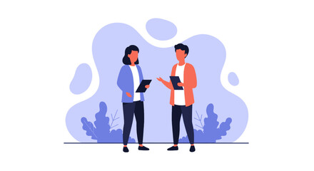 Two professionals discussing data on tablets, symbolizing collaboration, business meeting, or consultation. Ideal for corporate communication, teamwork, and information exchange concepts.