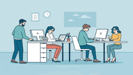 Diverse business professionals focused on work at their desks in a modern office, symbolizing teamwork, productivity, and contemporary corporate life.