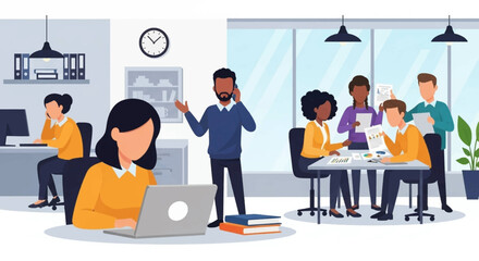 Diverse team collaborating and working in a modern, productive office environment. Ideal for showcasing teamwork, business operations, and a bustling workplace.