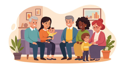 Happy multi-generational family portrait, featuring grandparents, parents, and children, enjoying time together at home. Illustrates family bonds, love, and support.