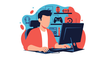 Young person focused on computer, engaged in online activity or gaming in a modern digital setting. Represents technology, remote work, or digital hobbies.