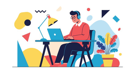 A man in headphones focuses on his laptop at a colorful, modern desk, illustrating remote work, online learning, or creative productivity.