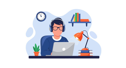 Focused person in headphones working on a laptop at a home office desk with books and a lamp. Ideal for remote work, study, and online education.