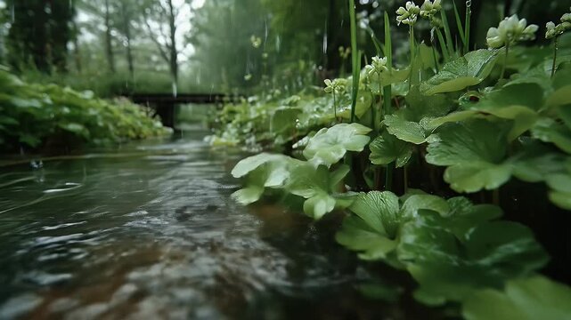 A close-up view of a small stream in a lush, rainy forest, with plants and flowers