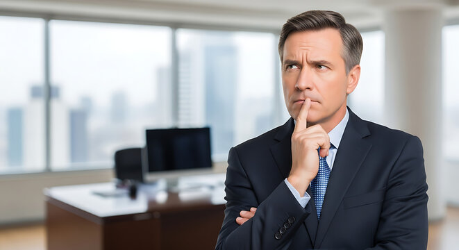 A businessman in a suit contemplating a decision