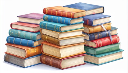 A detailed vector illustration of several stacks of colorful, antique hardcover books isolated on a clean white background, representing knowledge and literature