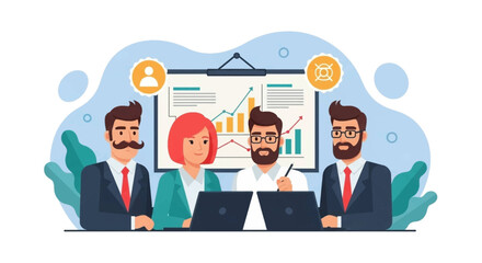 Professional business team collaborating in a meeting, analyzing growth charts and data on laptops. Ideal for corporate strategy, finance, and teamwork concepts.