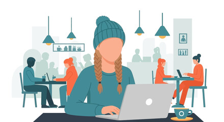 Young woman focused on her laptop, working or studying in a lively cafe. Illustrates modern freelance work, remote productivity, and vibrant urban lifestyle.