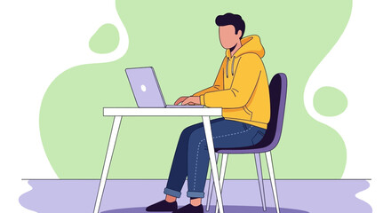 Focused person in a yellow hoodie working on a laptop at a desk. Ideal for remote work, online learning, or casual digital productivity concepts.