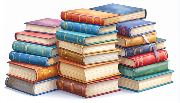 A detailed vector illustration of several stacks of colorful, antique hardcover books isolated on a clean white background, representing knowledge and literature
