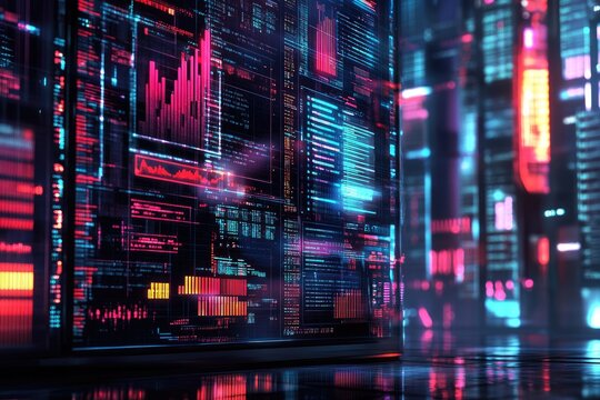 A close-up reveals a futuristic server room, its walls and a large monitor ablaze with vibrant neon-hued scrolling code, charts, and data streams. 