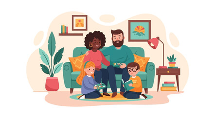 Diverse family enjoys quality time at home, parents relaxing on the couch while children read and play games. Perfect for illustrating family lifestyle, education, and domestic leisure.