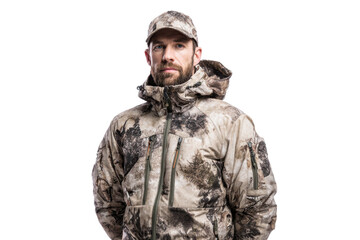 Obraz premium Bearded Man in Camouflage Hunting Jacket on Transparent Background