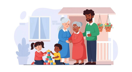 Multi-generational family enjoying time together at home, with children playing blocks and adults showing affection. Represents happiness, care, and family bonds.