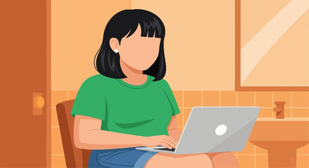 A woman casually uses her laptop in a private home setting, representing modern connectivity, remote work, and personal online activity.