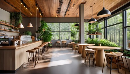 Obraz premium modern empty coffee shop trendy interior design with wood and greenery