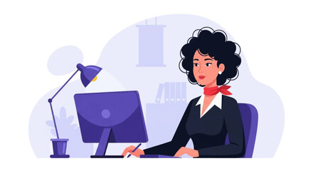 Professional woman working efficiently at her office desk with a computer. Depicts productivity, administration, and modern business concepts.