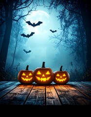 Eerie moonlit pumpkins illuminated amongst silhouetted trees evoke a haunting autumnal ambiance
