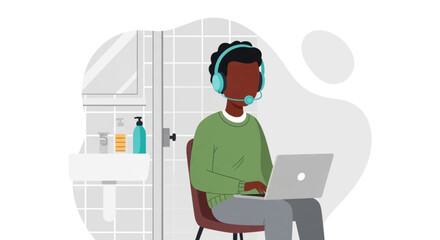 Man working remotely on a laptop with a headset from an unconventional bathroom setting, showcasing flexible modern work-life balance.