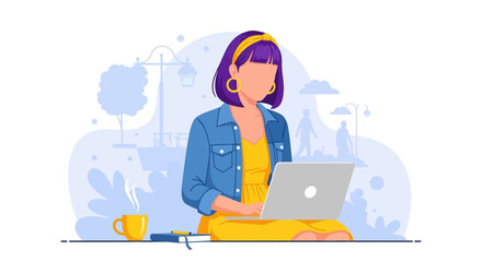 Young woman working remotely on her laptop outdoors, enjoying a hot drink. Ideal for concepts of freelance, digital nomad lifestyle, and modern productivity.