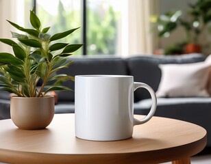 blank white ceramic coffee mug mockup on a round coffee table with houseplants in a living room background