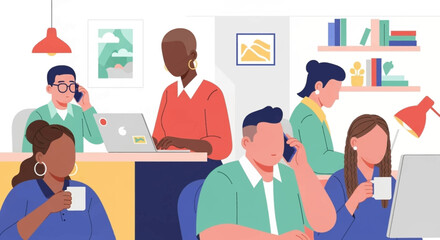 Diverse professionals collaborating in a modern office, engaged in calls, laptop work, and communication, showcasing teamwork and productivity in a vibrant business environment.