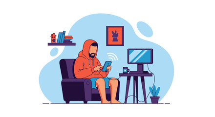 Man in hoodie relaxing at home, using smartphone with Wi-Fi connection. Represents digital lifestyle, remote work, online communication, and leisure.