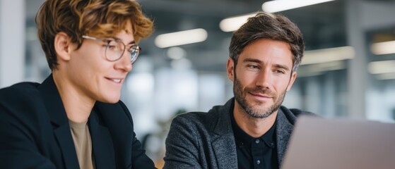 Professional colleagues exchanging ideas over a laptop during a business meeting in a modern office, captured to highlight teamwork, strategic planning, and decision-making for corporate branding