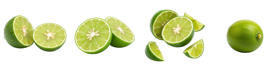 Fresh limes halved and whole on white backdrop. Citrus fruit, lime, food, healthy, green, raw, ingredient, juicy, vegetarian, freshness.
