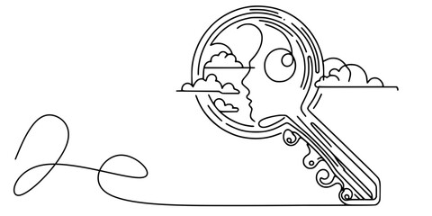 Key to the Cosmos: Unlocking Inner Worlds Through Symbolic Line Art, A continuous line illustration of a stylized key integrating a human profile, crescent moon, sun-like circle, and clouds