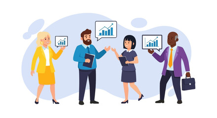 Diverse business team discussing data and growth, symbolizing teamwork, strategy, and successful collaboration in a professional setting.