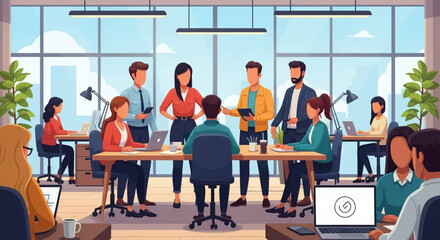 Diverse team of professionals collaborating and discussing ideas in a modern, sunlit office environment. Ideal for showcasing teamwork, innovation, and corporate productivity.