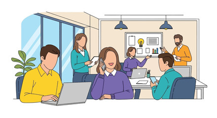 Team of professionals working together in a dynamic office, communicating, brainstorming ideas, and utilizing technology for business development.