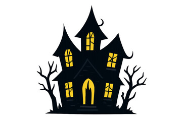 A spooky, mysterious haunted house silhouette with illuminated windows and creepy trees, perfect for Halloween season