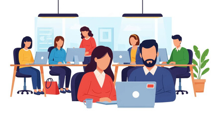 Diverse professionals collaborating in a modern open-plan office. Illustrates teamwork, productivity, and contemporary business environment. Ideal for corporate, HR, or tech themes.