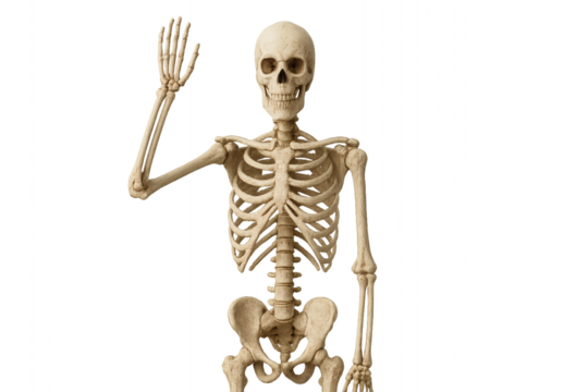 A detailed representation of a skeleton posing in a friendly manner with one arm raised in greeting. The skeleton appears complete and realistic.